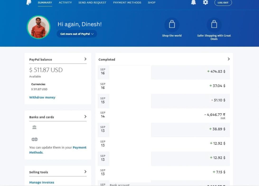 A screenshot of monthly earnings from PayPal